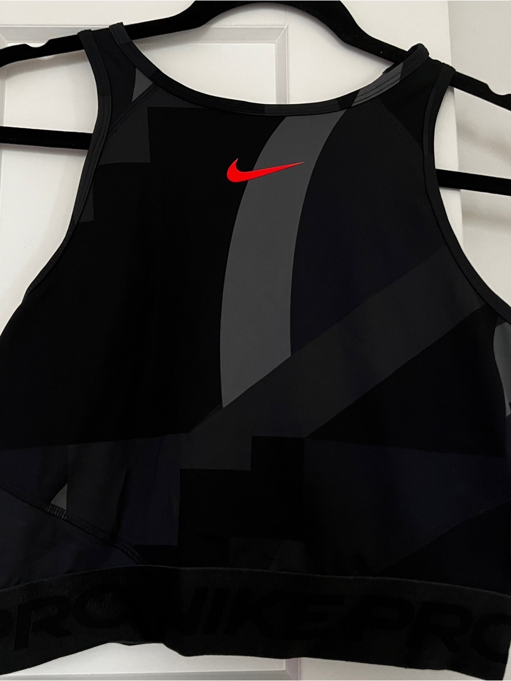 Nike Black & Charcoal High-Neck Racerback Sports Crop with Orange Swoosh